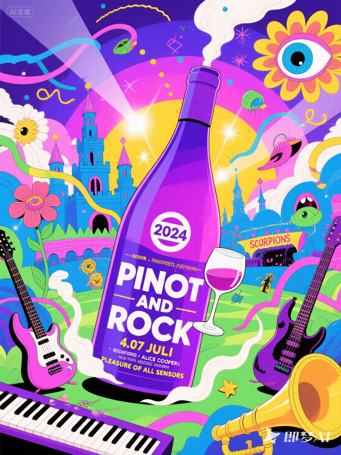 Midjourney - 波普风可爱卡通葡萄酒摇滚音乐节插图海报-即梦ai关键词描述咒语 即梦Ai-Ai宇宙吧-