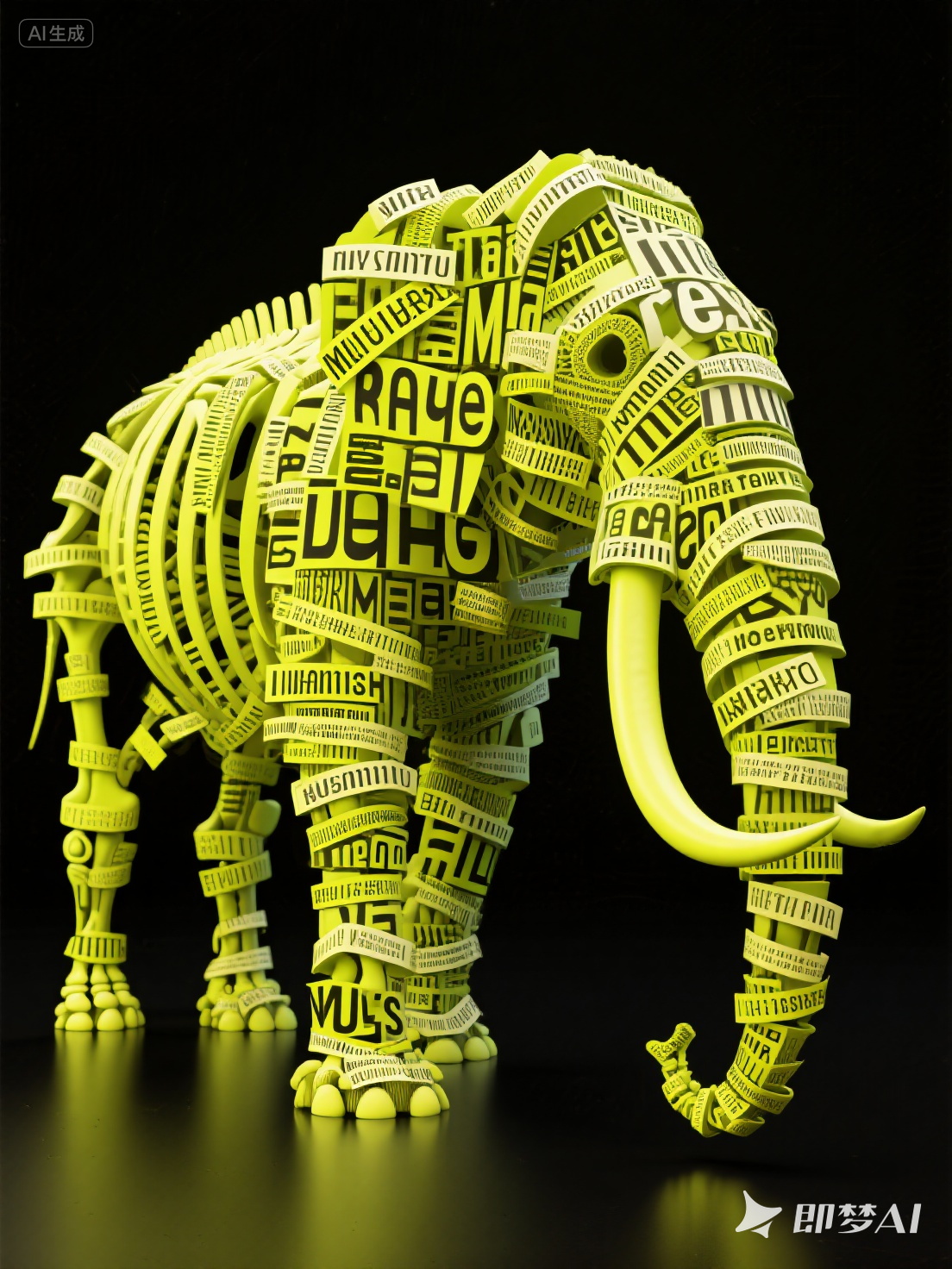 Midjourney - 创意抽象艺术密集纸条文字猛犸象骨架绿色荧光立体感效果海报-即梦ai关键词描述咒语 即梦Ai-Ai宇宙吧-