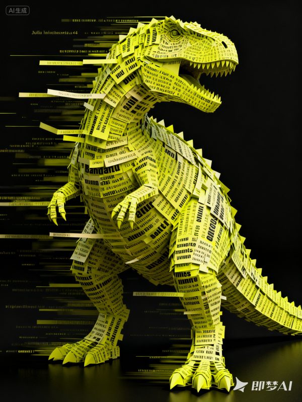 创意抽象艺术密集纸条文字恐龙骨架绿色荧光立体感效果海报-即梦ai关键词描述咒语-Ai宇宙吧-