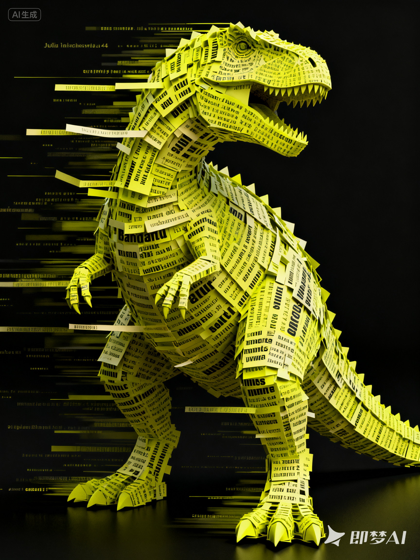 Midjourney - 创意抽象艺术密集纸条文字恐龙骨架绿色荧光立体感效果海报-即梦ai关键词描述咒语 即梦Ai-Ai宇宙吧-