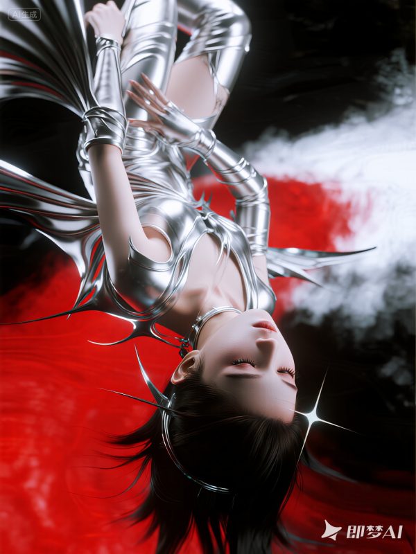 潮流酸性银色金属科技感动态美学人物摄影海报-即梦ai关键词描述咒语-Ai宇宙吧-