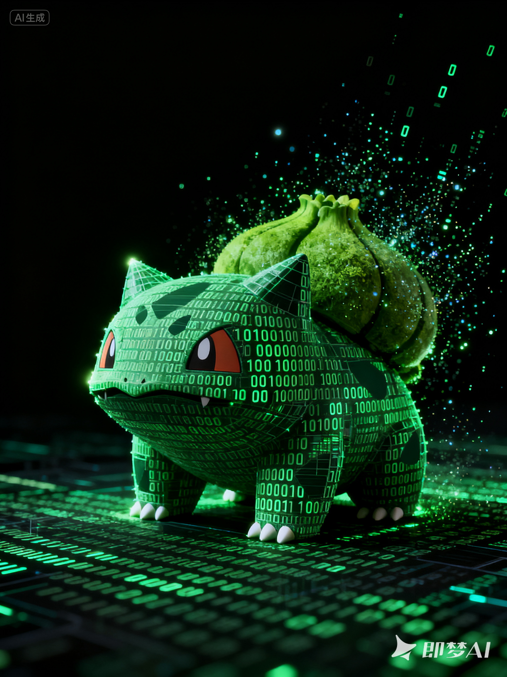 Midjourney - 创意科技二进制编码阵数字虚拟绿色妙蛙种子立体海报-即梦ai关键词描述咒语 即梦Ai-Ai宇宙吧-
