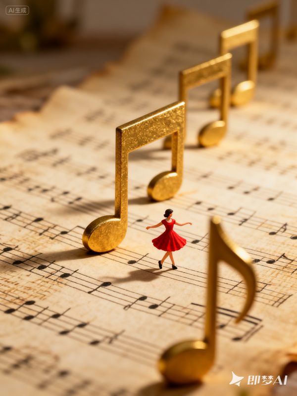 创意3D立体巨大黄金音符微观红裙跳舞女孩摄影海报-即梦ai关键词描述咒语-Ai宇宙吧-