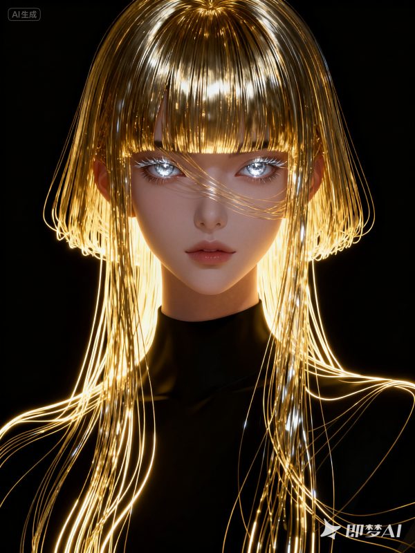 科技金属质感金色长发美女机械人物立体模型-即梦ai关键词描述咒语-Ai宇宙吧-