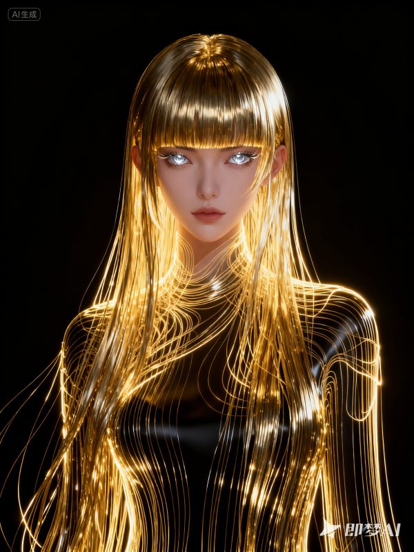 科技金属质感金色长发美女机械人物立体模型-即梦ai关键词描述咒语-Ai宇宙吧-