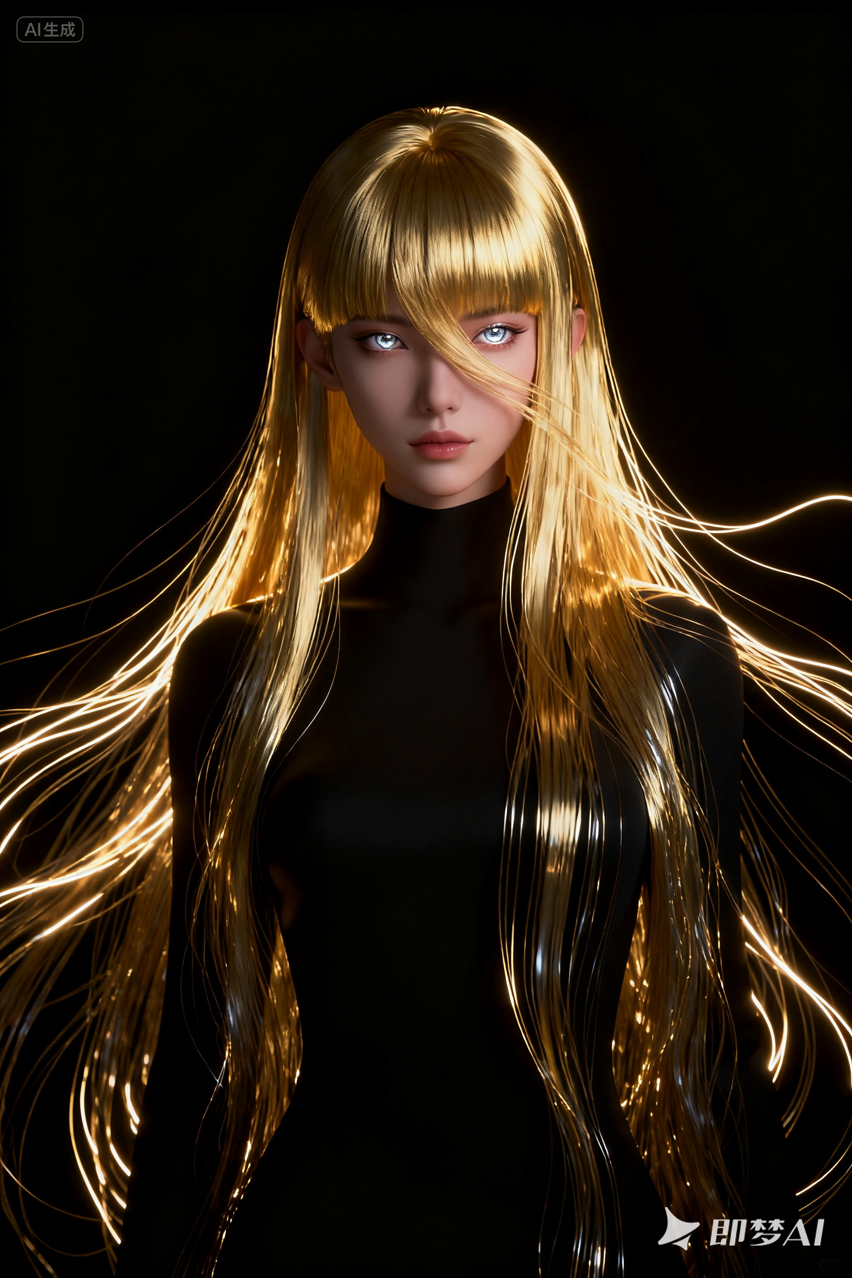 Midjourney - 科技金属质感3D立体金色长发美女人物摄影海报-即梦ai关键词描述咒语 即梦Ai-Ai宇宙吧-