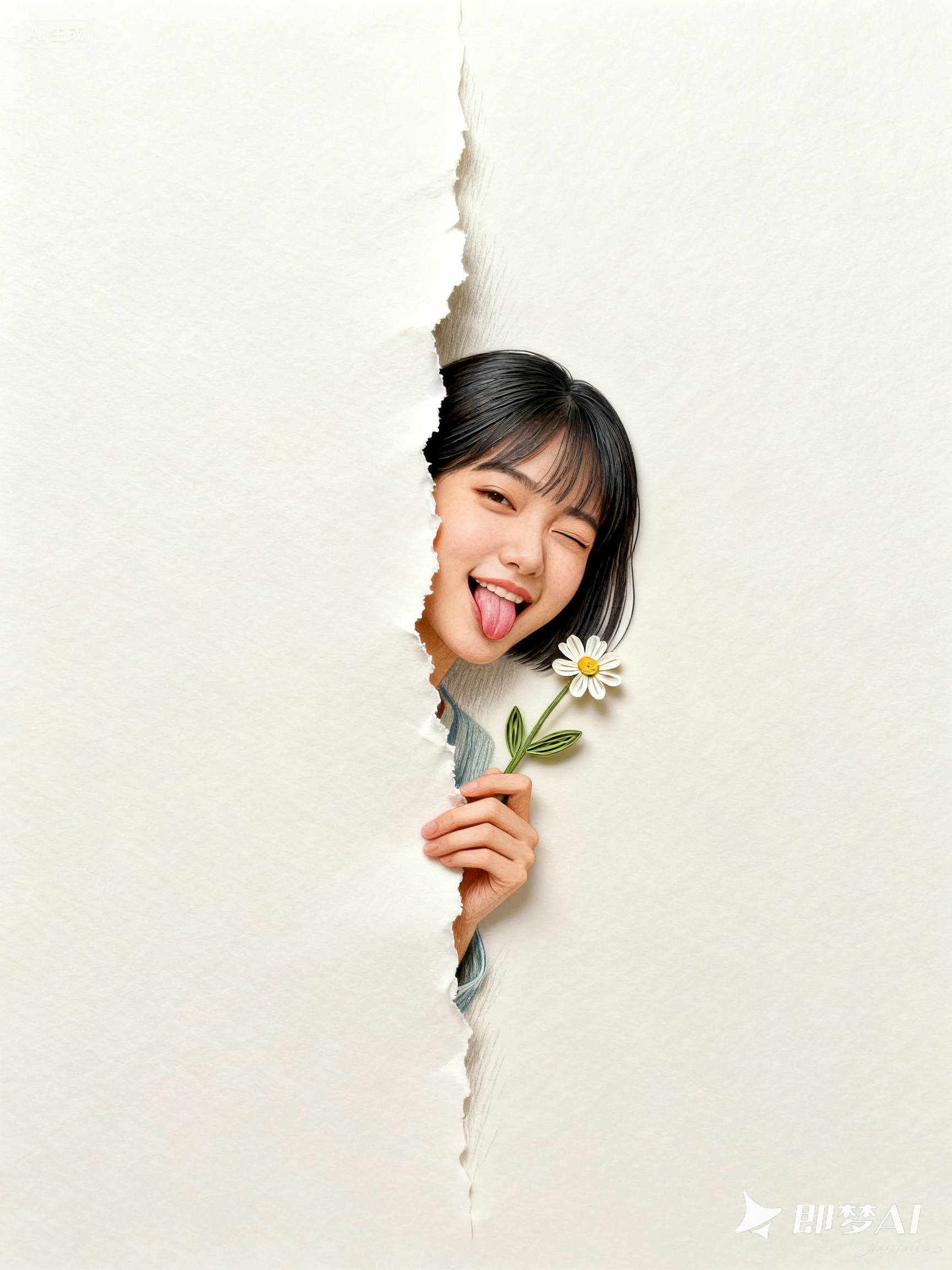 Midjourney - 极简主义治愈系衍纸艺术女孩挤眼吐舌做鬼脸视觉海报-即梦ai关键词描述咒语 即梦Ai-Ai宇宙吧-