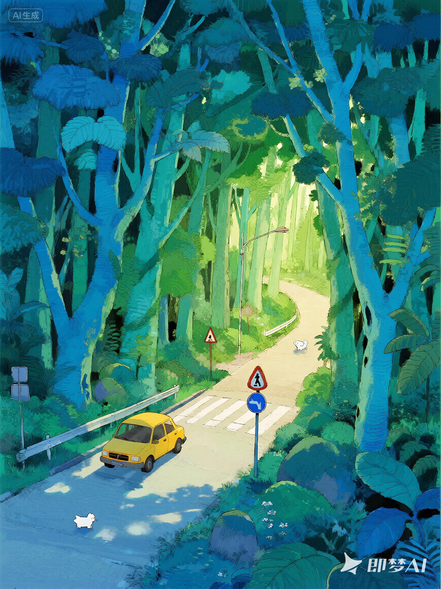 Midjourney - 手绘绿色森林小路汽车行驶童话世界场景插图海报-即梦ai关键词描述咒语 即梦Ai-Ai宇宙吧-