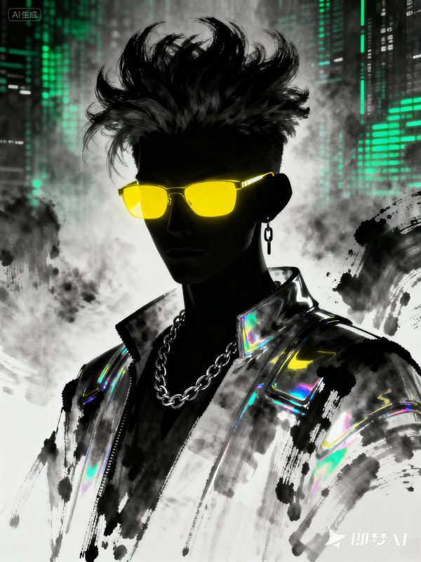 时尚潮流未来科技感男性独特发型黄色墨镜人物剪影摄影海报-即梦ai关键词描述咒语-Ai宇宙吧-