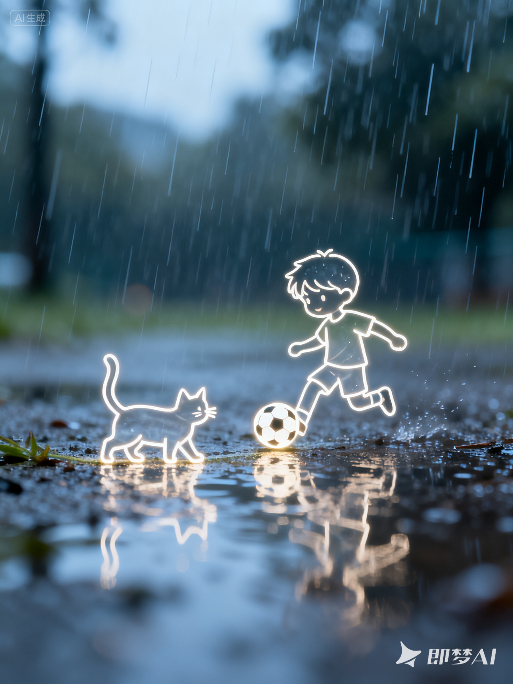 Midjourney - 微观简约发光线条人物小猫踢球下雨天场景海报-即梦ai关键词描述咒语 即梦Ai-Ai宇宙吧-