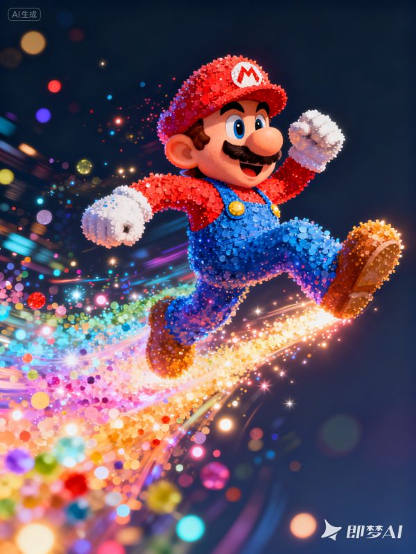 彩色粒子拼接超级玛丽可爱卡通人物插图海报-即梦ai关键词描述咒语-Ai宇宙吧-