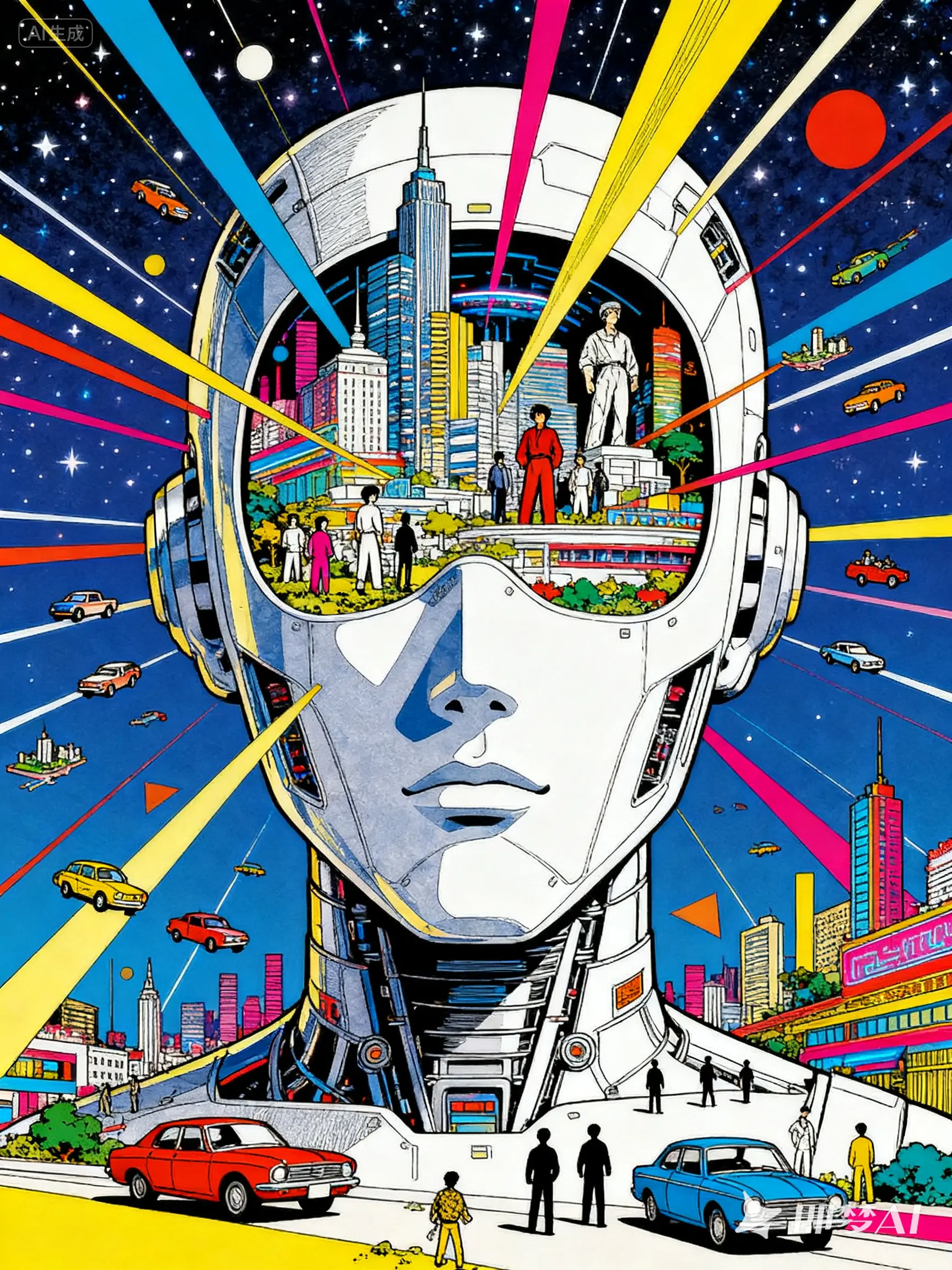 未来主义科技机器人脸部卡通微型城市景观视觉冲击海报-即梦ai关键词描述咒语-Ai宇宙吧-