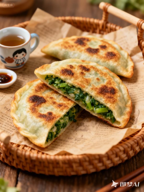 中国美食韭菜盒子餐厅菜单产品广告海报-即梦ai关键词描述咒语-Ai宇宙吧-