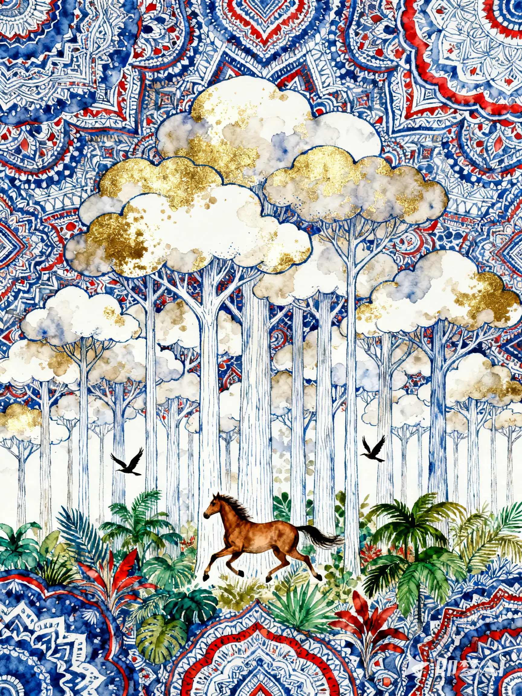 超现实个性化民族特色花纹图案华丽色彩水彩画艺术美学-即梦ai关键词描述咒语-Ai宇宙吧-