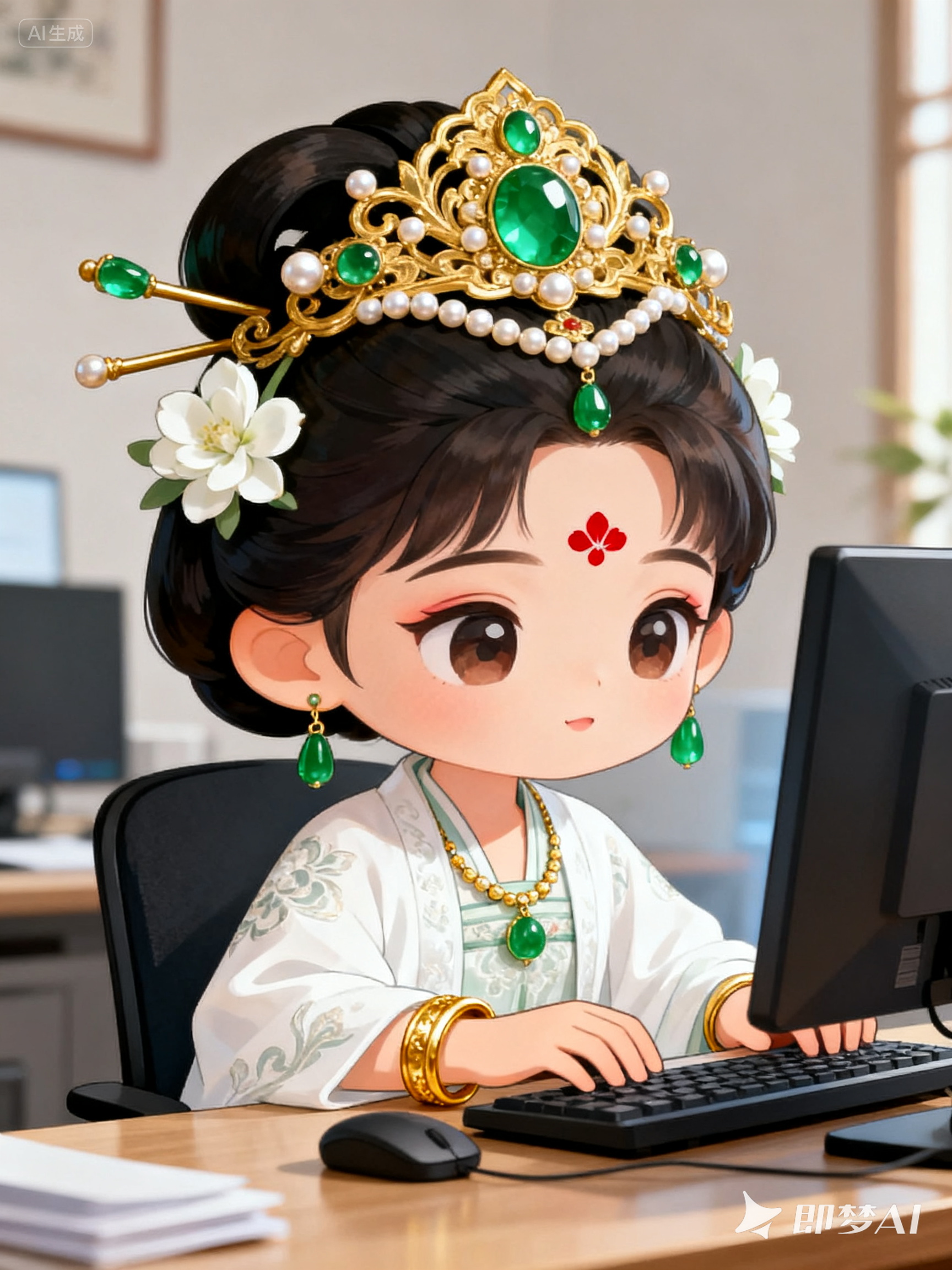 Midjourney - 创意可爱卡通古风汉服人物电脑办公融合场景插图海报-即梦ai关键词描述咒语 即梦Ai-Ai宇宙吧-