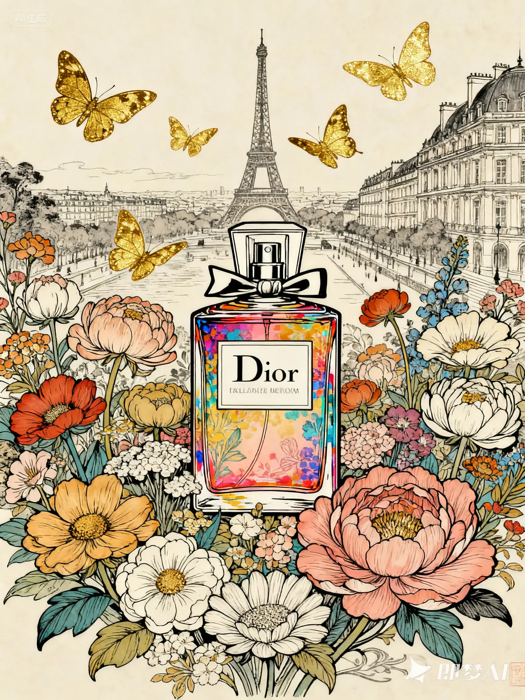 手绘华丽线条巴黎埃菲尔铁塔迪奥Dior香水鲜花插图-即梦ai关键词描述咒语-Ai宇宙吧-