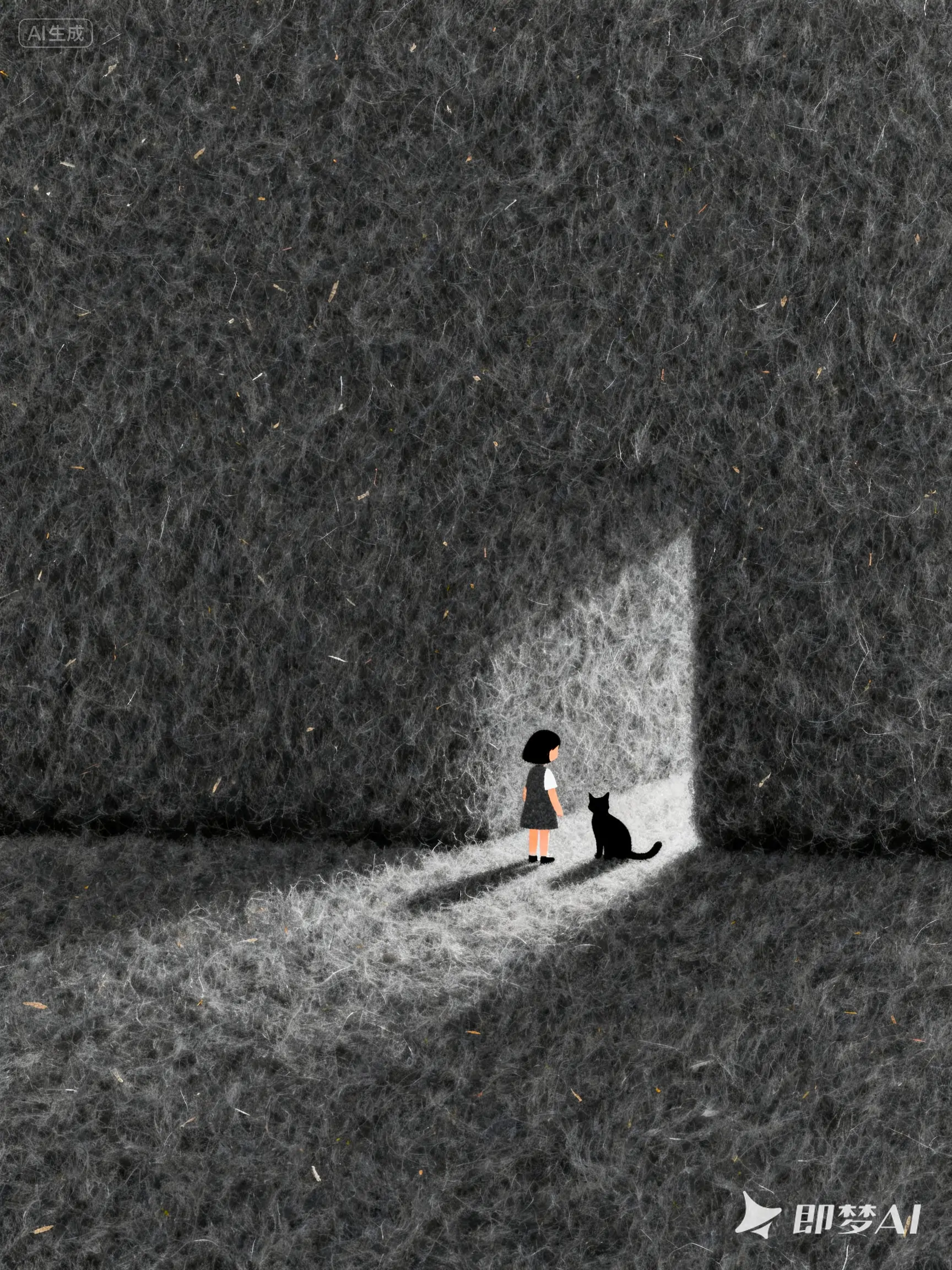 极简主义神秘宁静羊毛毡女孩猫咪空间工艺画-即梦ai关键词描述咒语-Ai宇宙吧-
