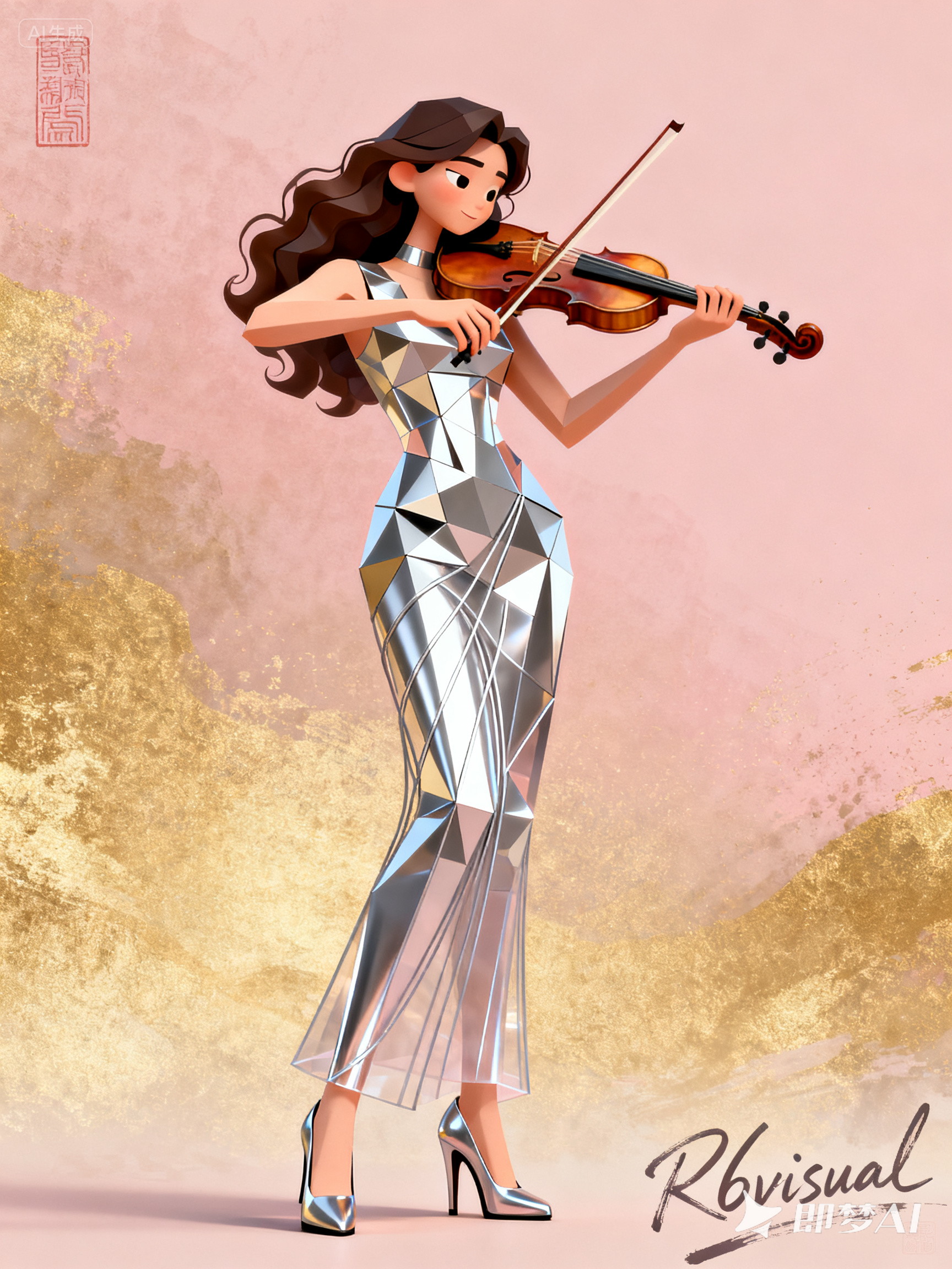 Midjourney - 可爱卡通长发微卷女子拉小提琴立体插图海报-即梦ai关键词描述咒语 即梦Ai-Ai宇宙吧-