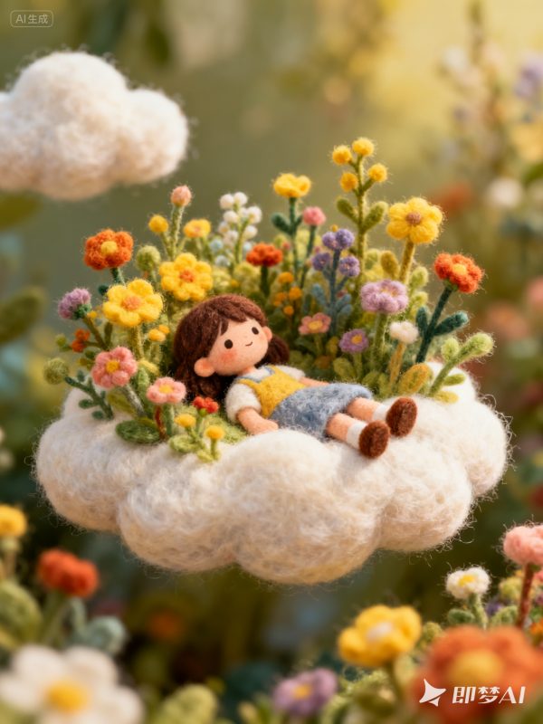 可爱羊毛毡女孩躺在云朵上鲜花植物场景插图海报-即梦ai关键词描述咒语-Ai宇宙吧-