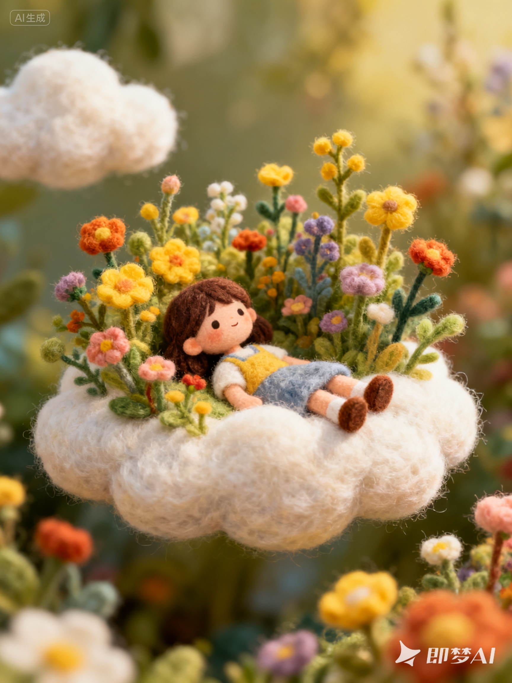 Midjourney - 可爱羊毛毡女孩躺在云朵上鲜花植物场景插图海报-即梦ai关键词描述咒语 即梦Ai-Ai宇宙吧-