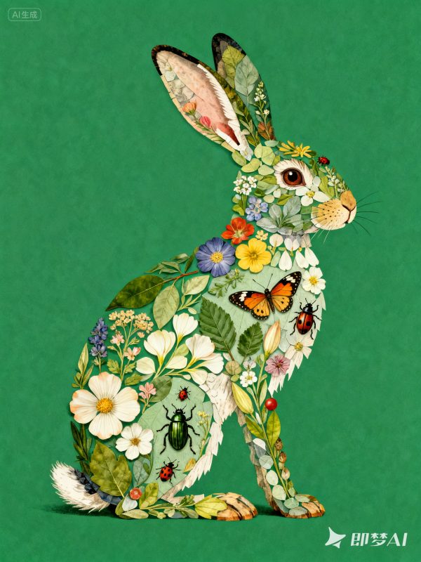 极简主义自然森林植物昆虫拼贴兔子插画-即梦ai关键词描述咒语-Ai宇宙吧-