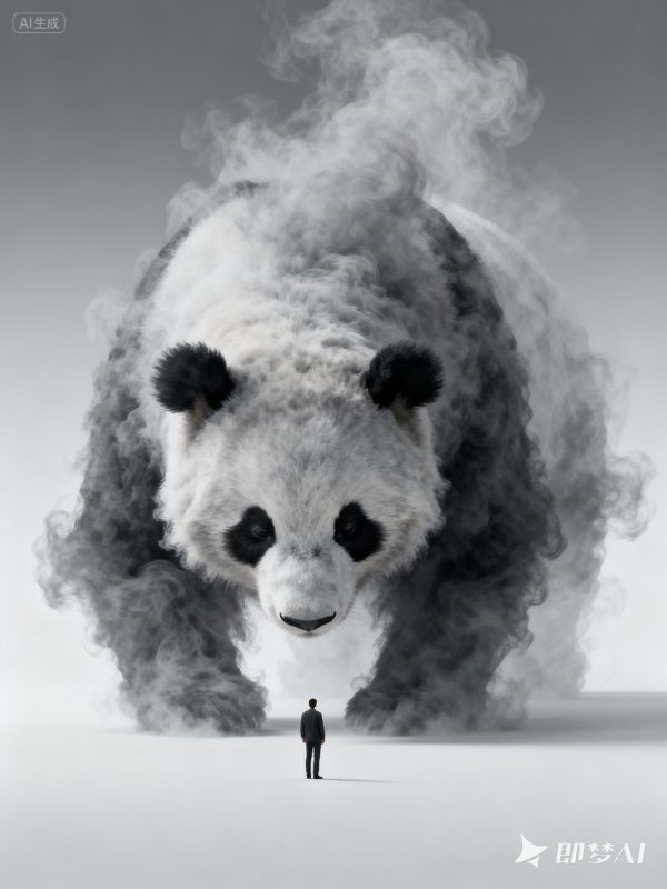 超现实主义灰色烟雾巨型熊猫动物幻影海报-即梦ai关键词描述咒语-Ai宇宙吧-