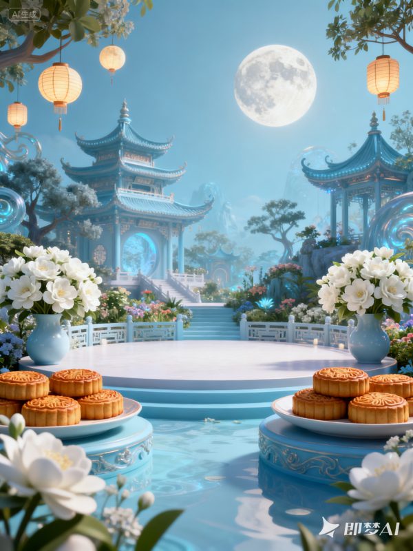 3D立体中秋节中式建筑阁楼月亮月饼花园主题风格海报-即梦ai关键词描述咒语-Ai宇宙吧-