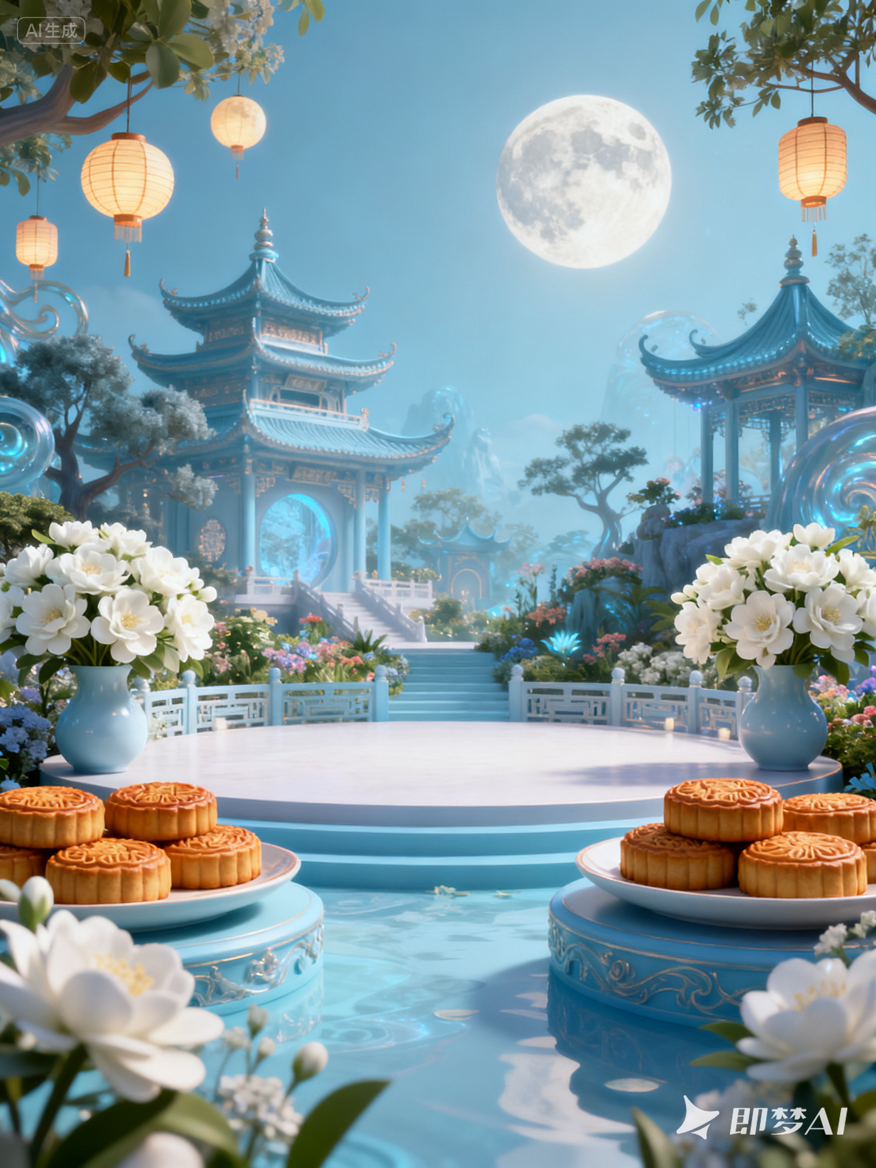 Midjourney - 3D立体中秋节中式建筑阁楼月亮月饼花园主题风格海报-即梦ai关键词描述咒语 即梦Ai-Ai宇宙吧-