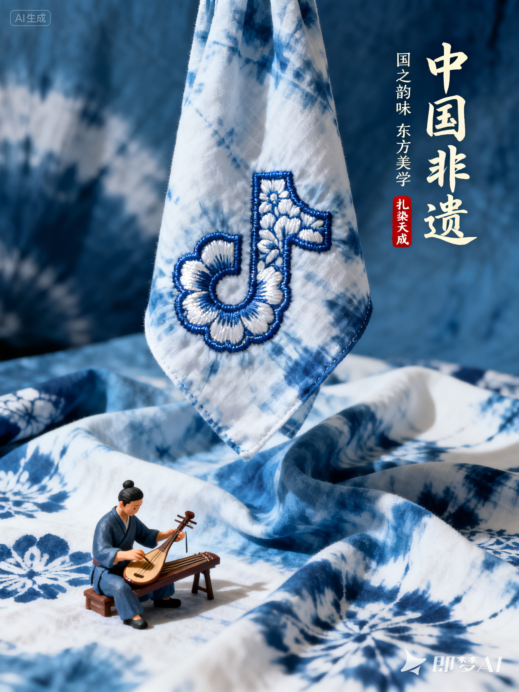 Midjourney - 中国风东方自然清新扎染面料非遗宣传海报-即梦ai关键词描述咒语 即梦Ai-Ai宇宙吧-