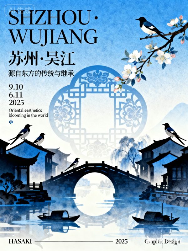新中式美学蓝色苏州古镇建筑风景插图海报-即梦ai关键词描述咒语-Ai宇宙吧-