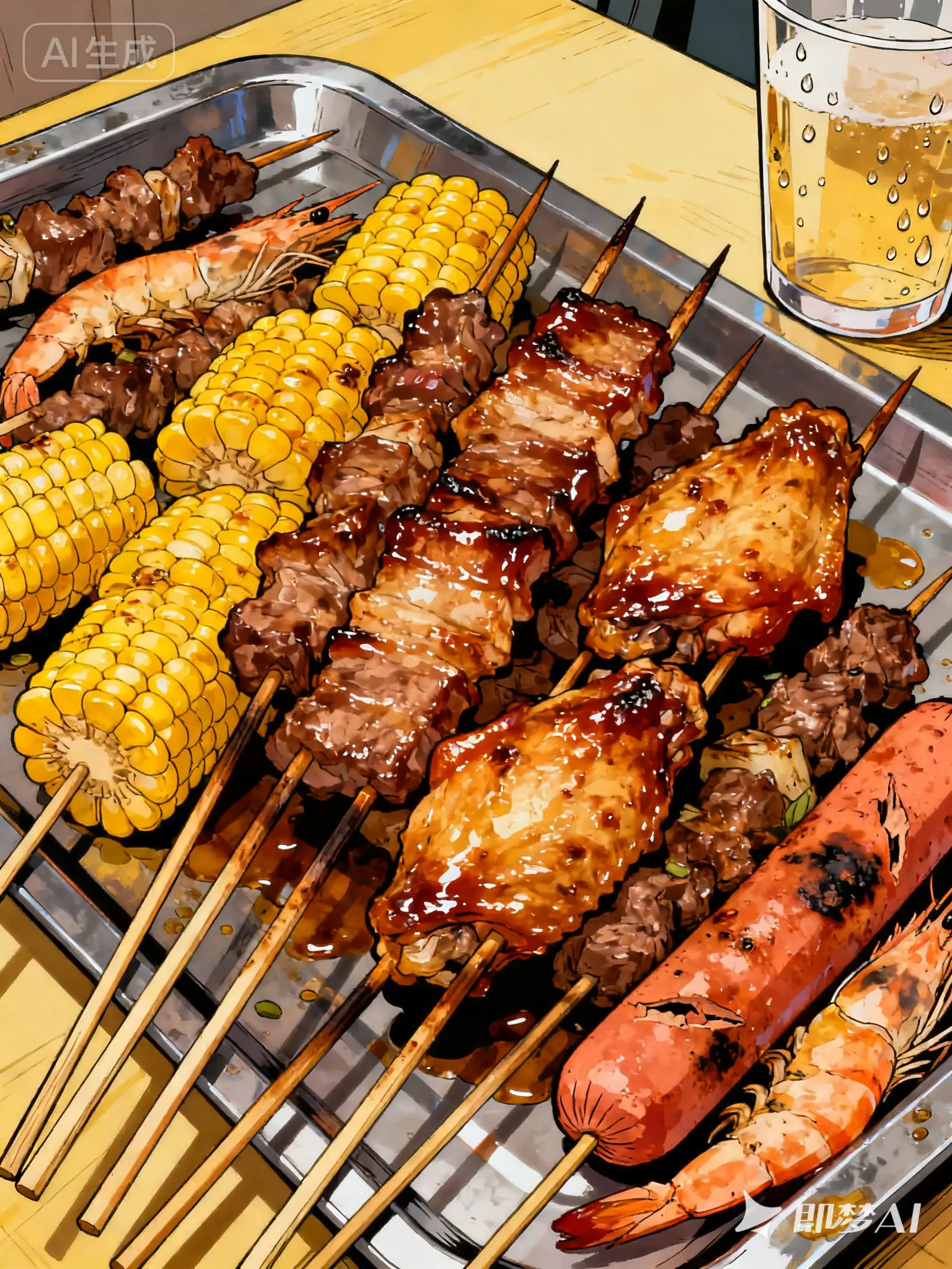 手绘漫画风格路边摊烧烤美食特写插图-即梦ai关键词描述咒语-Ai宇宙吧-