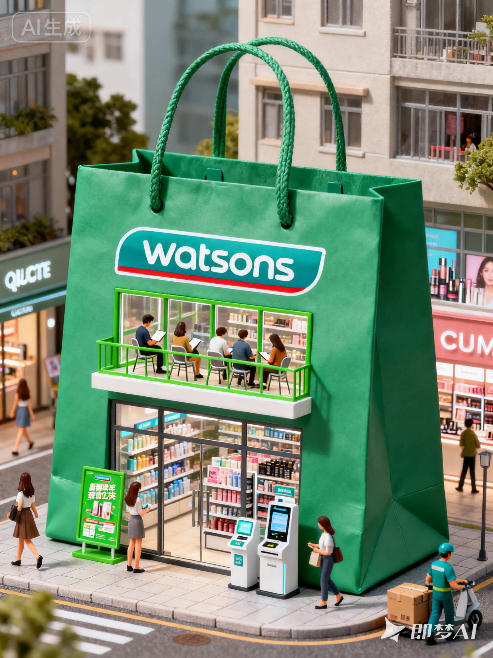 Midjourney - 创意3D立体屈臣氏购物袋造型建筑品牌海报-即梦ai关键词描述咒语 即梦Ai-Ai宇宙吧-