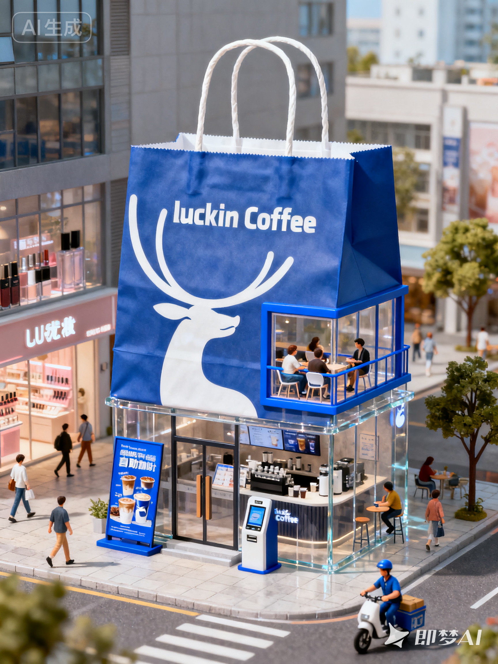 Midjourney - 创意3D立体咖啡店购物袋造型建筑品牌海报-即梦ai关键词描述咒语 即梦Ai-Ai宇宙吧-