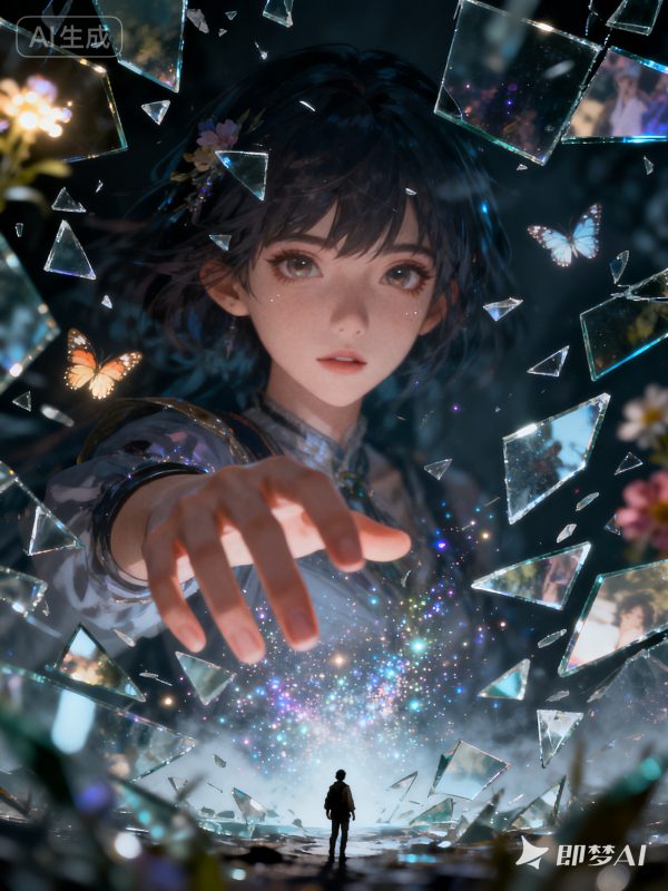 梦幻虚空碎裂玻璃碎片平行时空人物插画海报-即梦ai关键词描述咒语-Ai宇宙吧-