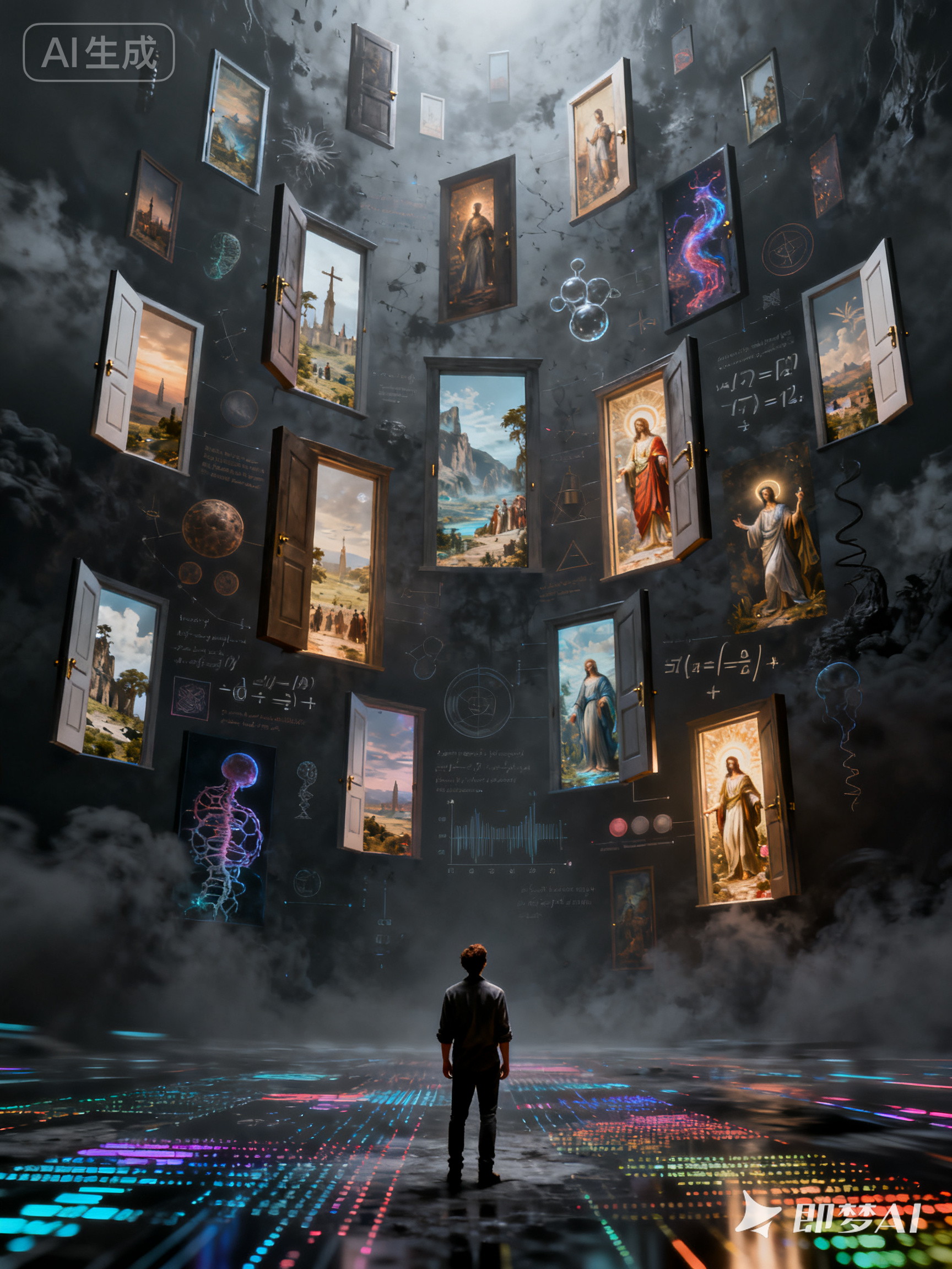 Midjourney - 超现实主义虚空平行时空人物背影幻想空间海报-即梦ai关键词描述咒语 即梦Ai-Ai宇宙吧-