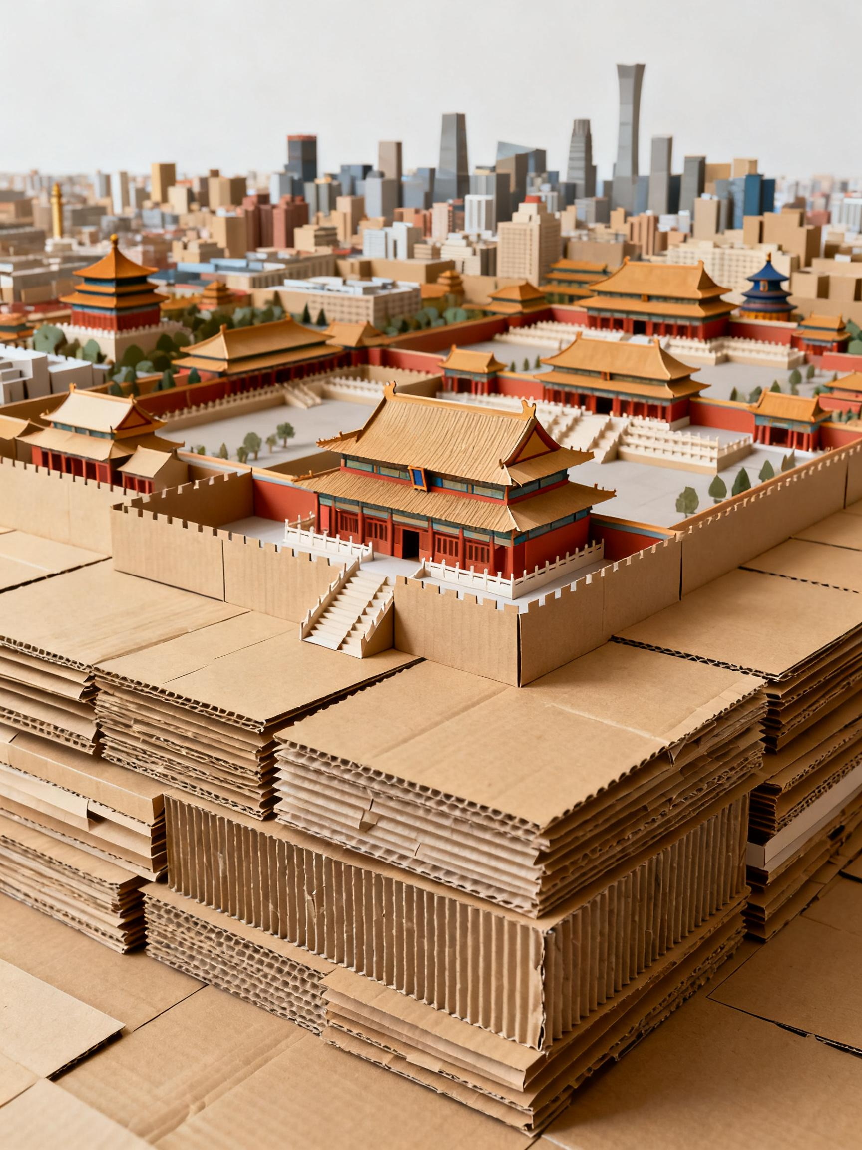 Midjourney - 创意纸箱北京故宫建筑城市景观堆叠纸艺工艺品模型-即梦ai关键词描述咒语 即梦Ai-Ai宇宙吧-
