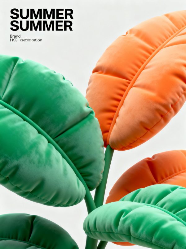 极简主义夏日氛围毛绒C4D立体树叶海报背景-即梦ai关键词描述咒语-Ai宇宙吧-