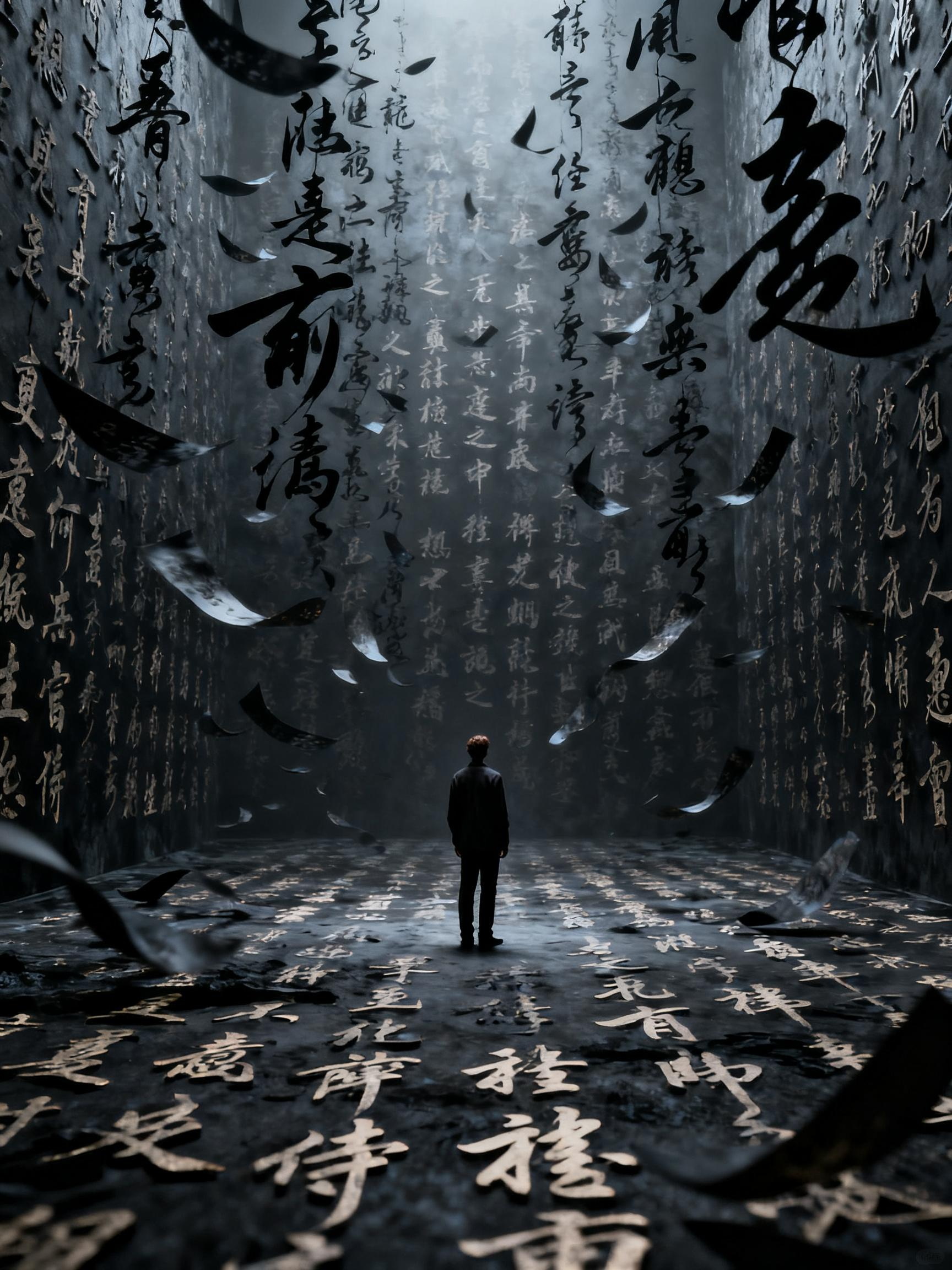 Midjourney - 超现实主义书法字体人物奇幻空间摄影海报-即梦ai关键词描述咒语 即梦Ai-Ai宇宙吧-