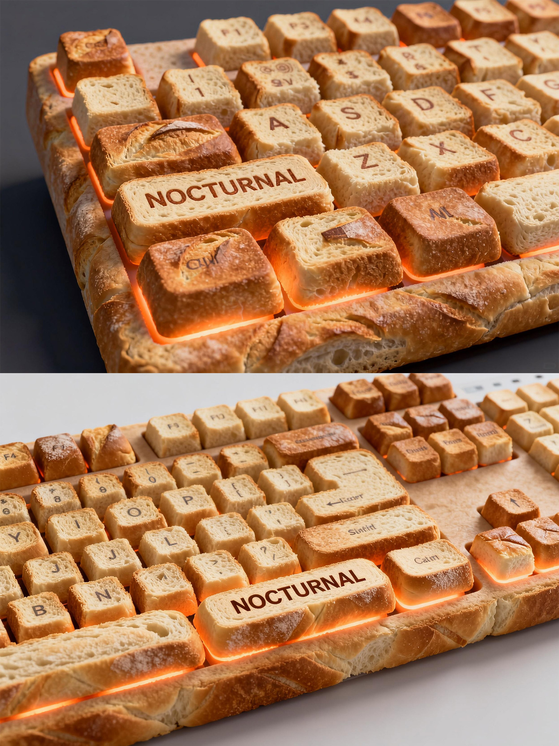 Midjourney - 创意面包制成的键盘特写艺术摄影海报-即梦ai关键词描述咒语 即梦Ai-Ai宇宙吧-