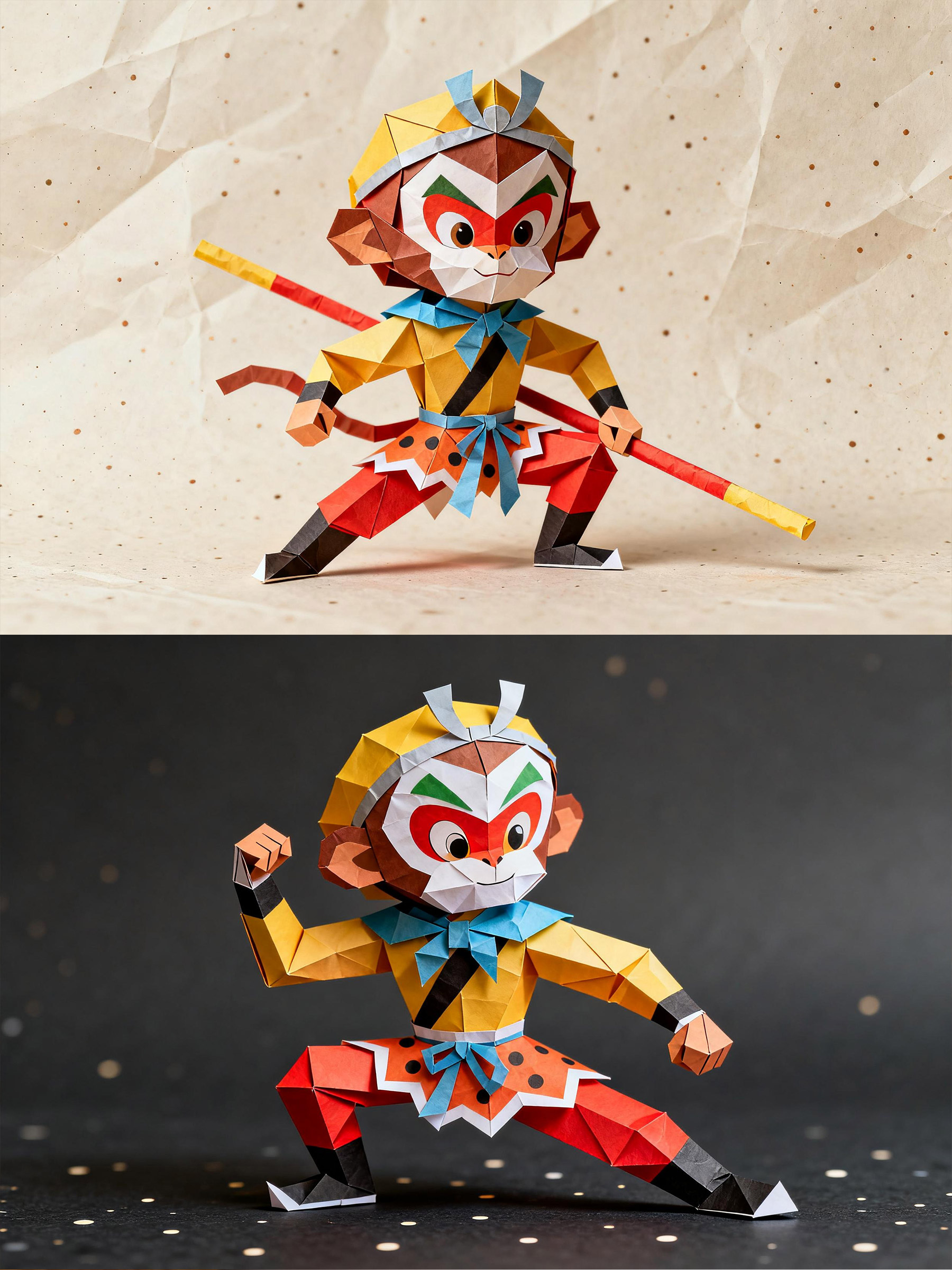 Midjourney - 可爱卡通Q版孙悟空折纸风格立体动作姿势插图海报-即梦ai关键词描述咒语 即梦Ai-Ai宇宙吧-