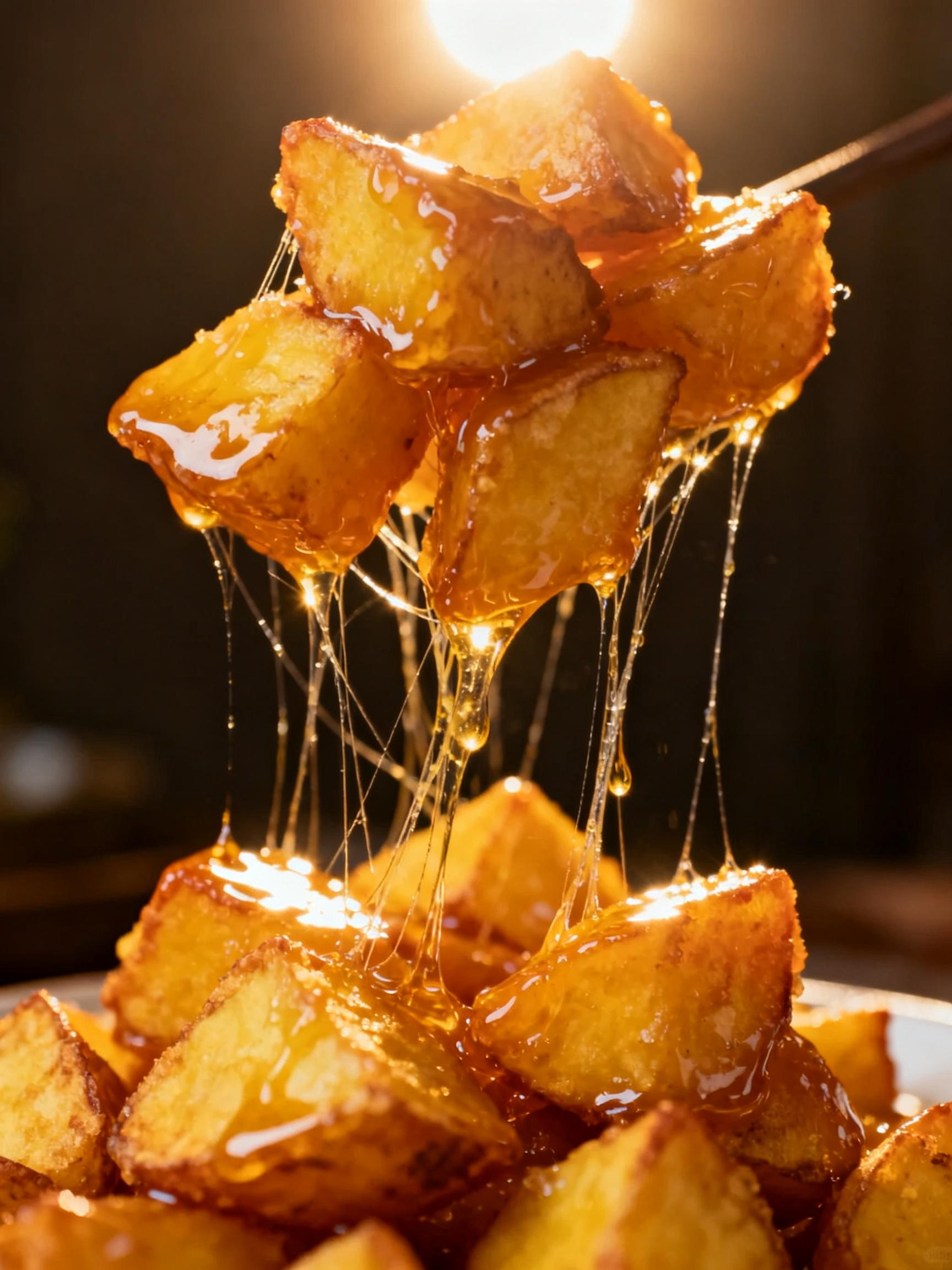 Midjourney - 中国美食小吃拔丝地瓜拉丝特写摄影海报-即梦ai关键词描述咒语 即梦Ai-Ai宇宙吧-