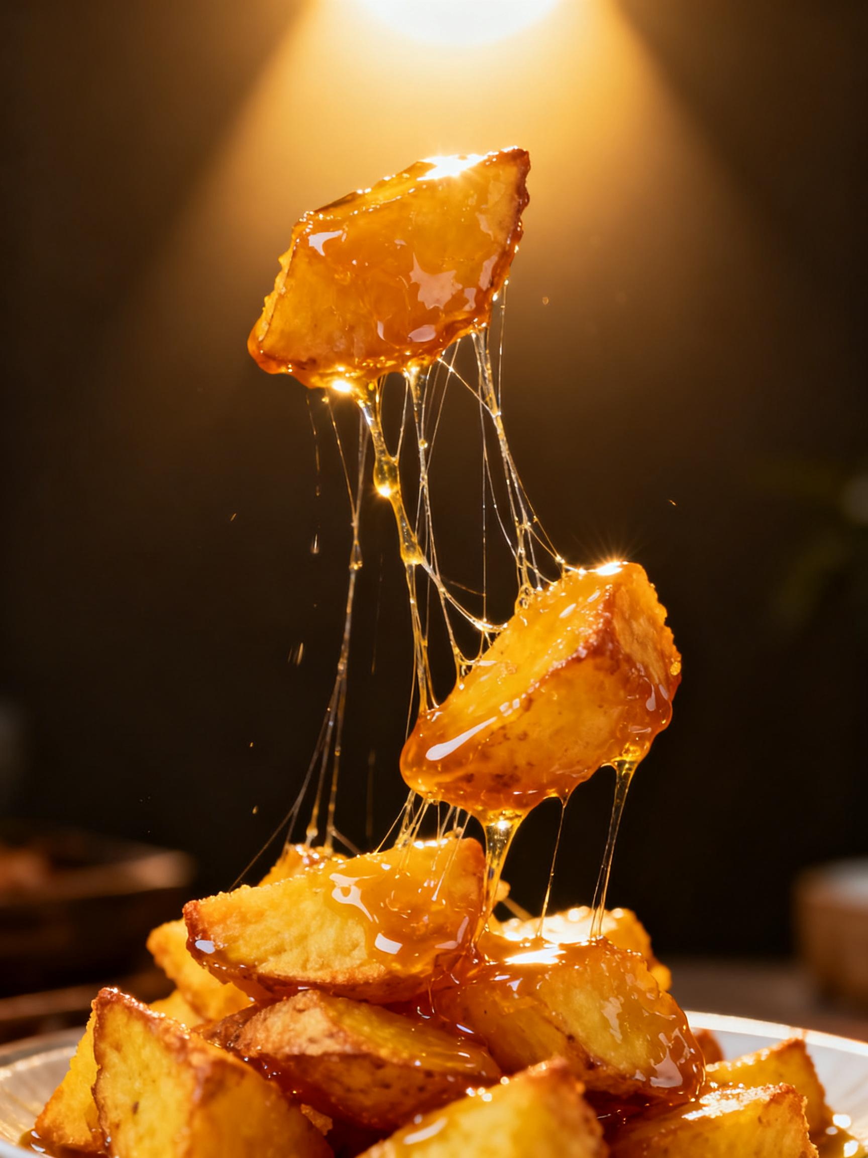 Midjourney - 中国美食小吃拔丝地瓜拉丝特写摄影海报-即梦ai关键词描述咒语 即梦Ai-Ai宇宙吧-