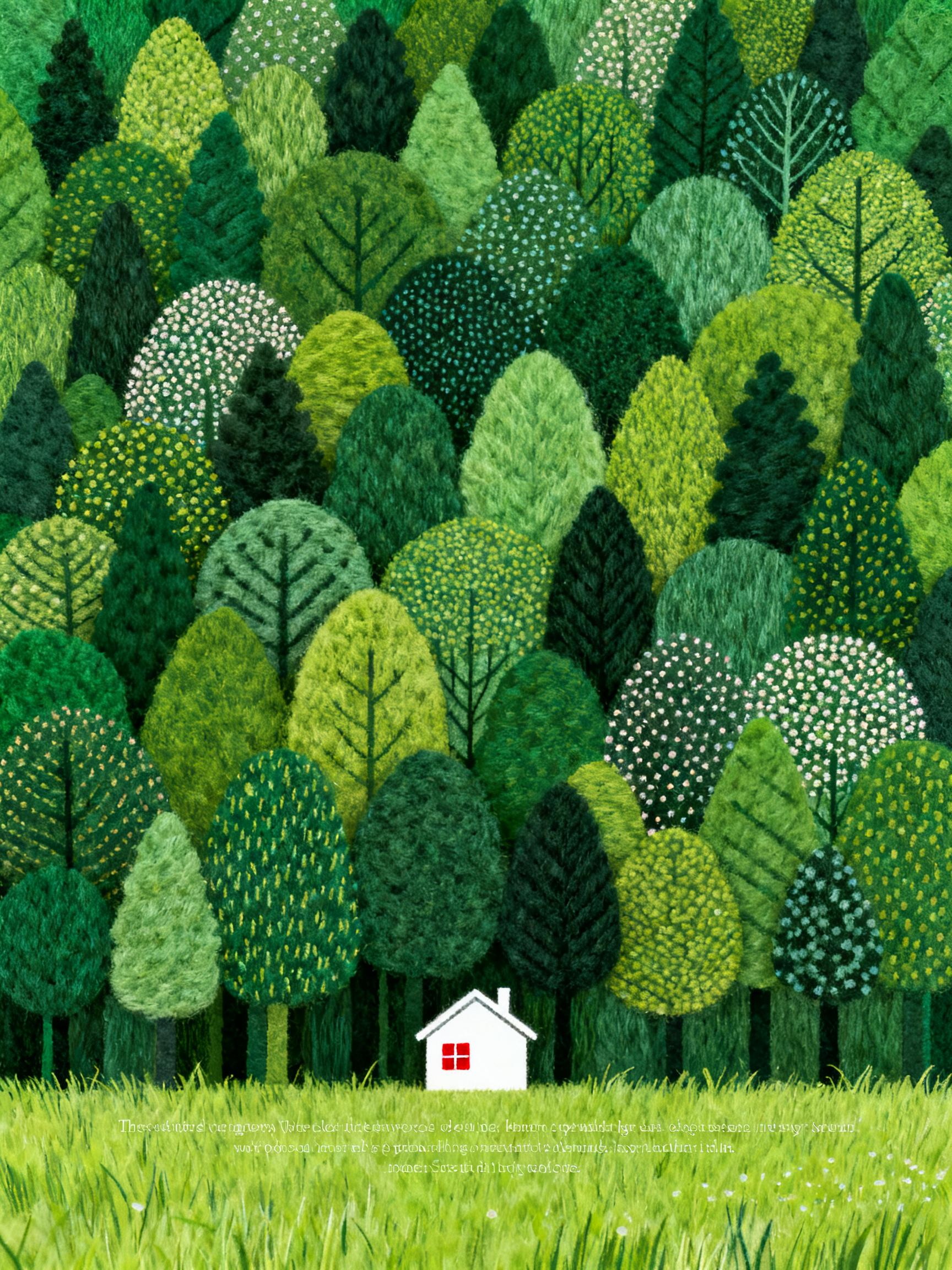 Midjourney - 绿色草地森林白色房子羊毛毡风格意境插图海报-即梦ai关键词描述咒语 即梦Ai-Ai宇宙吧-