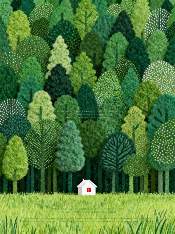 绿色草地森林白色房子羊毛毡风格意境插图海报-即梦ai关键词描述咒语-Ai宇宙吧-