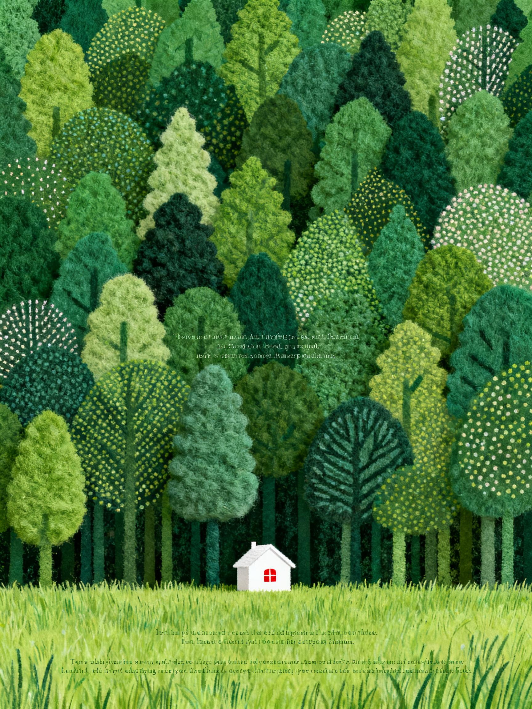 Midjourney - 绿色草地森林白色房子羊毛毡风格意境插图海报-即梦ai关键词描述咒语 即梦Ai-Ai宇宙吧-