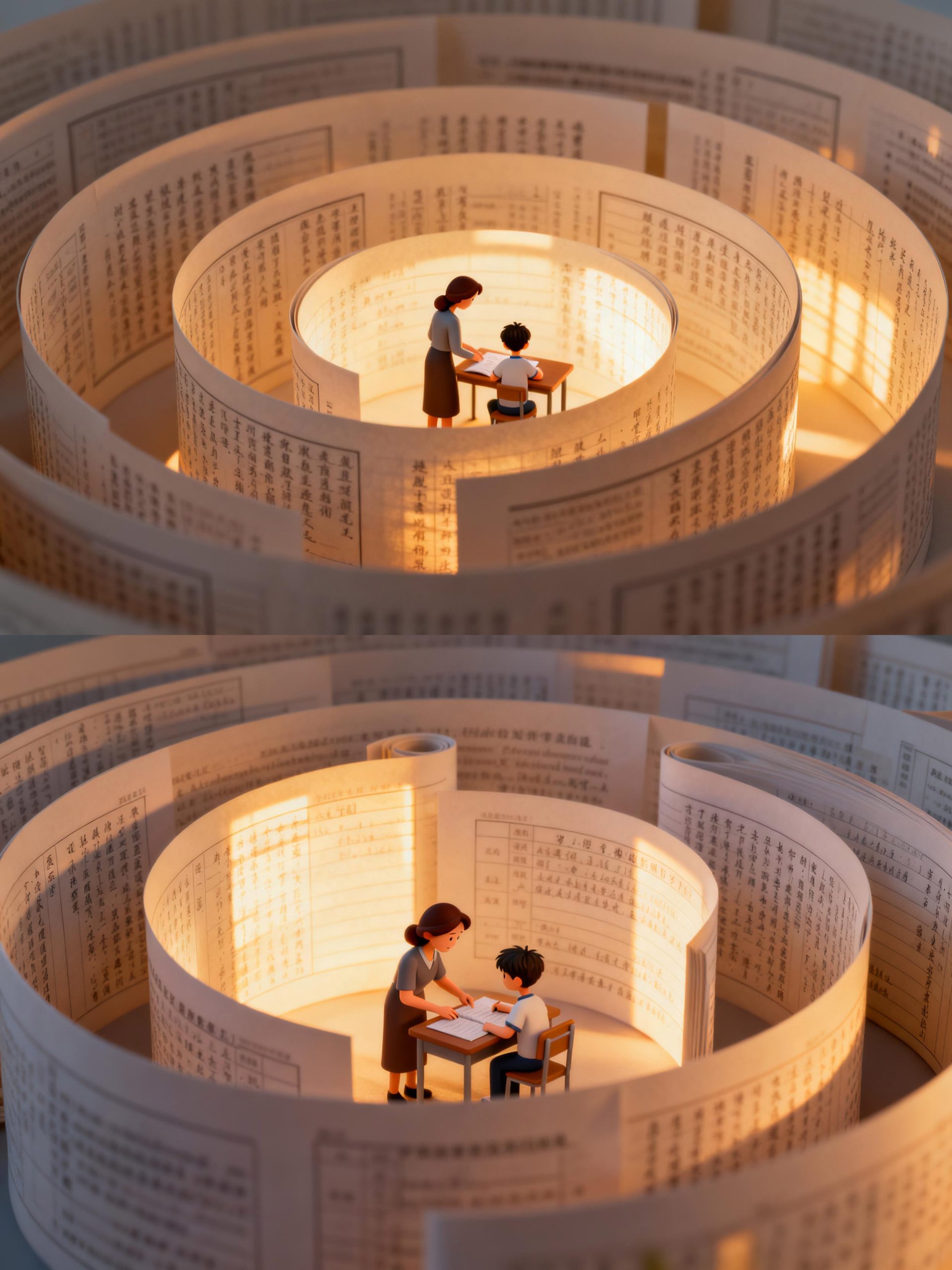 Midjourney - 创意卡通风格妈妈辅导作业试卷迷宫立体场景插图海报-即梦ai关键词描述咒语 即梦Ai-Ai宇宙吧-