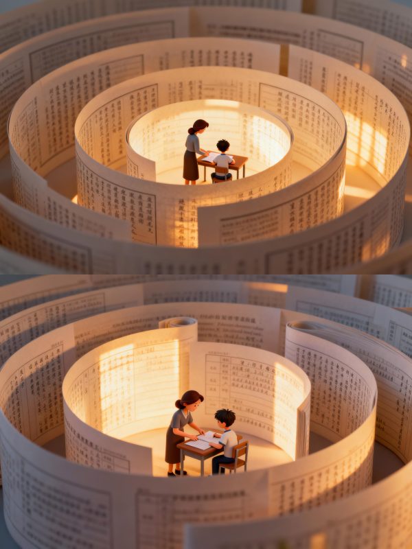 创意卡通风格妈妈辅导作业试卷迷宫立体场景插图海报-即梦ai关键词描述咒语-Ai宇宙吧-