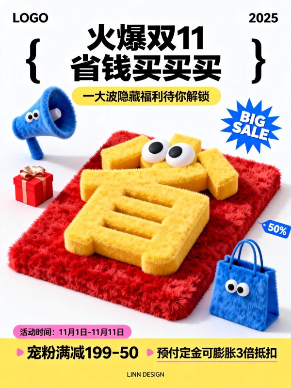 双11电商省钱活动百亿补贴宣传海报毛绒字体设计素材-即梦ai关键词描述咒语-Ai宇宙吧-