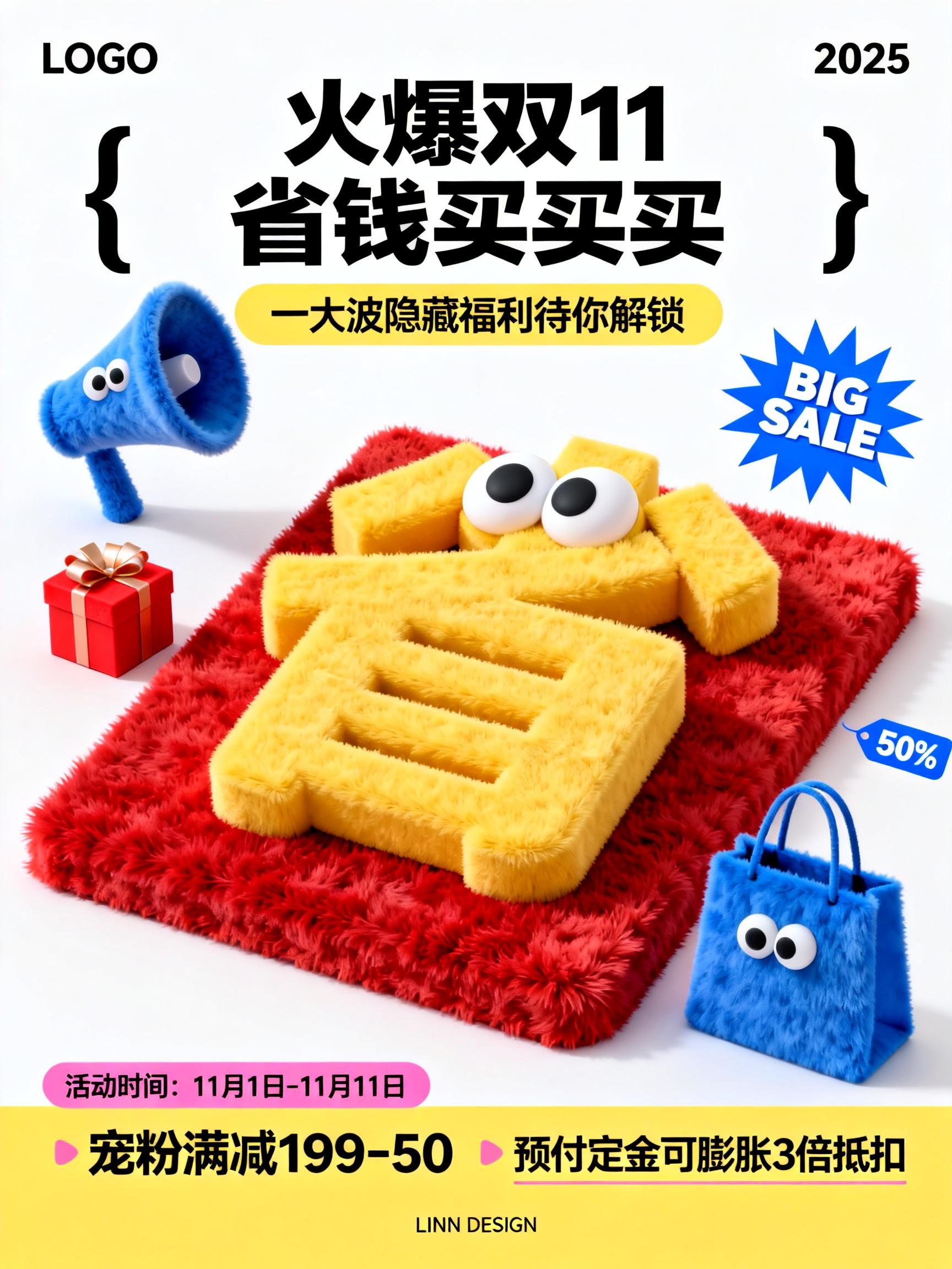 Midjourney - 双11电商省钱活动百亿补贴宣传海报毛绒字体设计素材-即梦ai关键词描述咒语 即梦Ai-Ai宇宙吧-