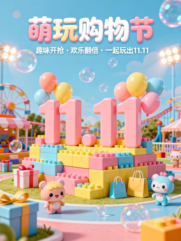 可爱卡通双11电商玩具积木活动宣传海报字体设计素材-即梦ai关键词描述咒语-Ai宇宙吧-